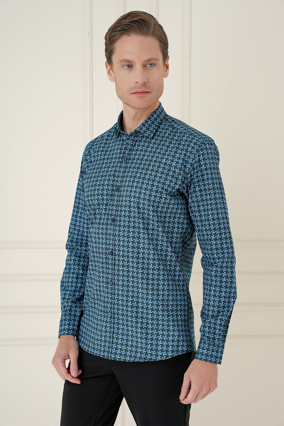 Slim Fit Kazayağı Desenli %100 Pamuk Casual Mavi Gömlek G 1585