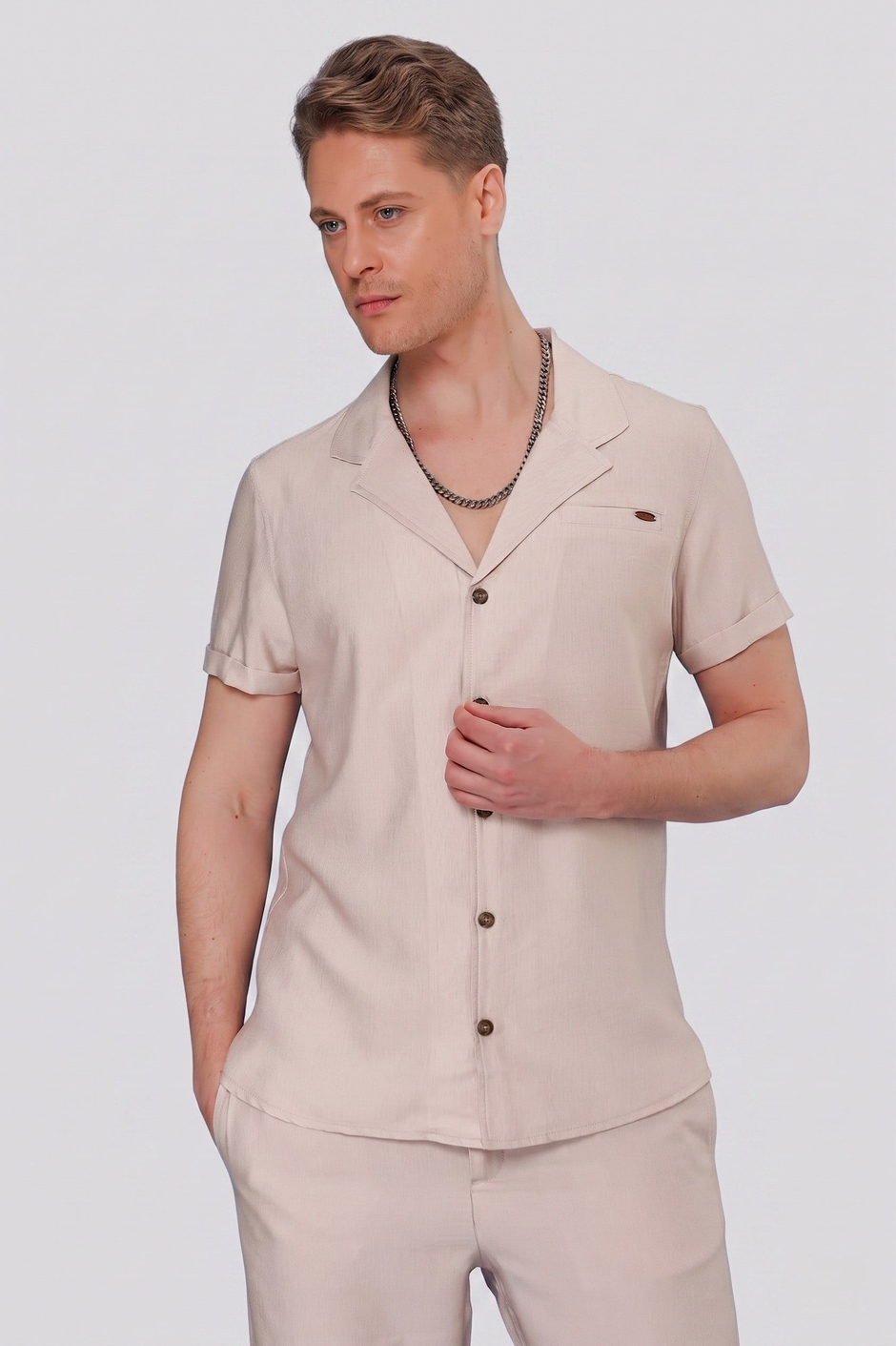 Slim Fit Keten Karışımlı Apaş Yaka Bej Gömlek G 1549