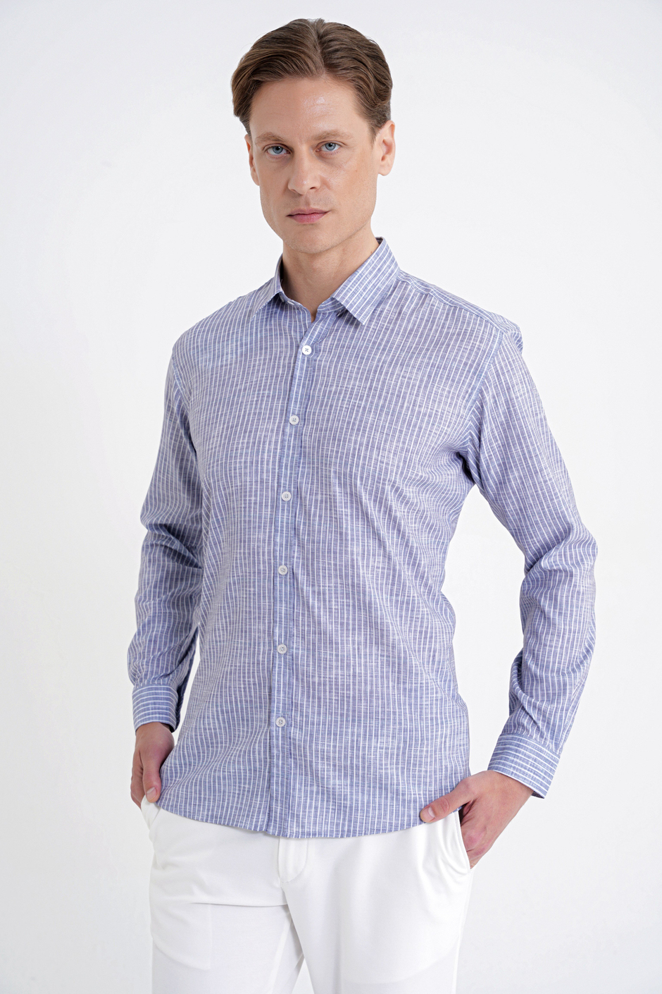 Slim Fit Klapa Yaka Esnek Pamuklu Gri Çizgili Gömlek G 1599