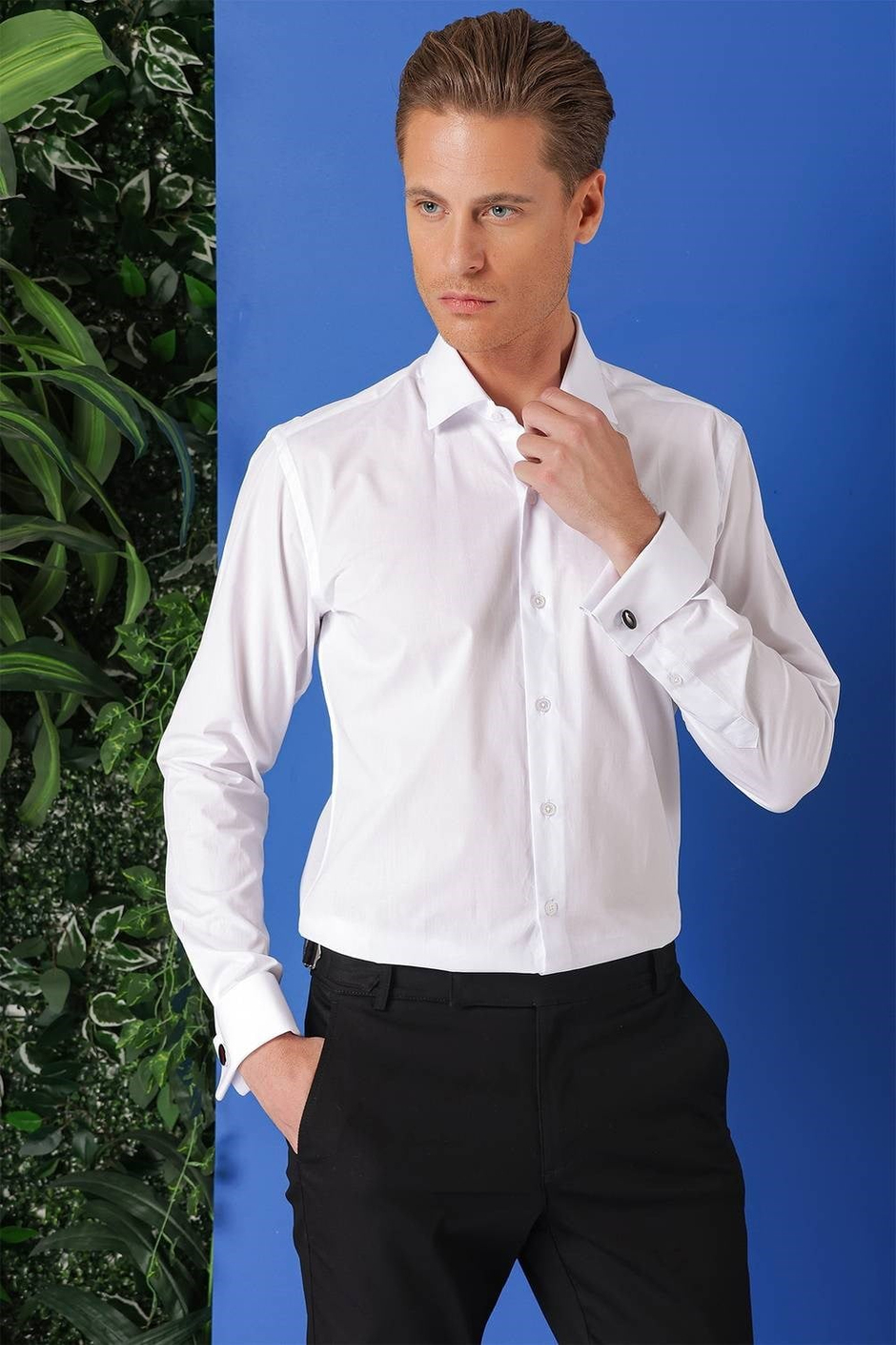 Slim Fit Kravat Yaka Duble Manşet %100 Pamuk Klasik Beyaz Gömlek Gk 682
