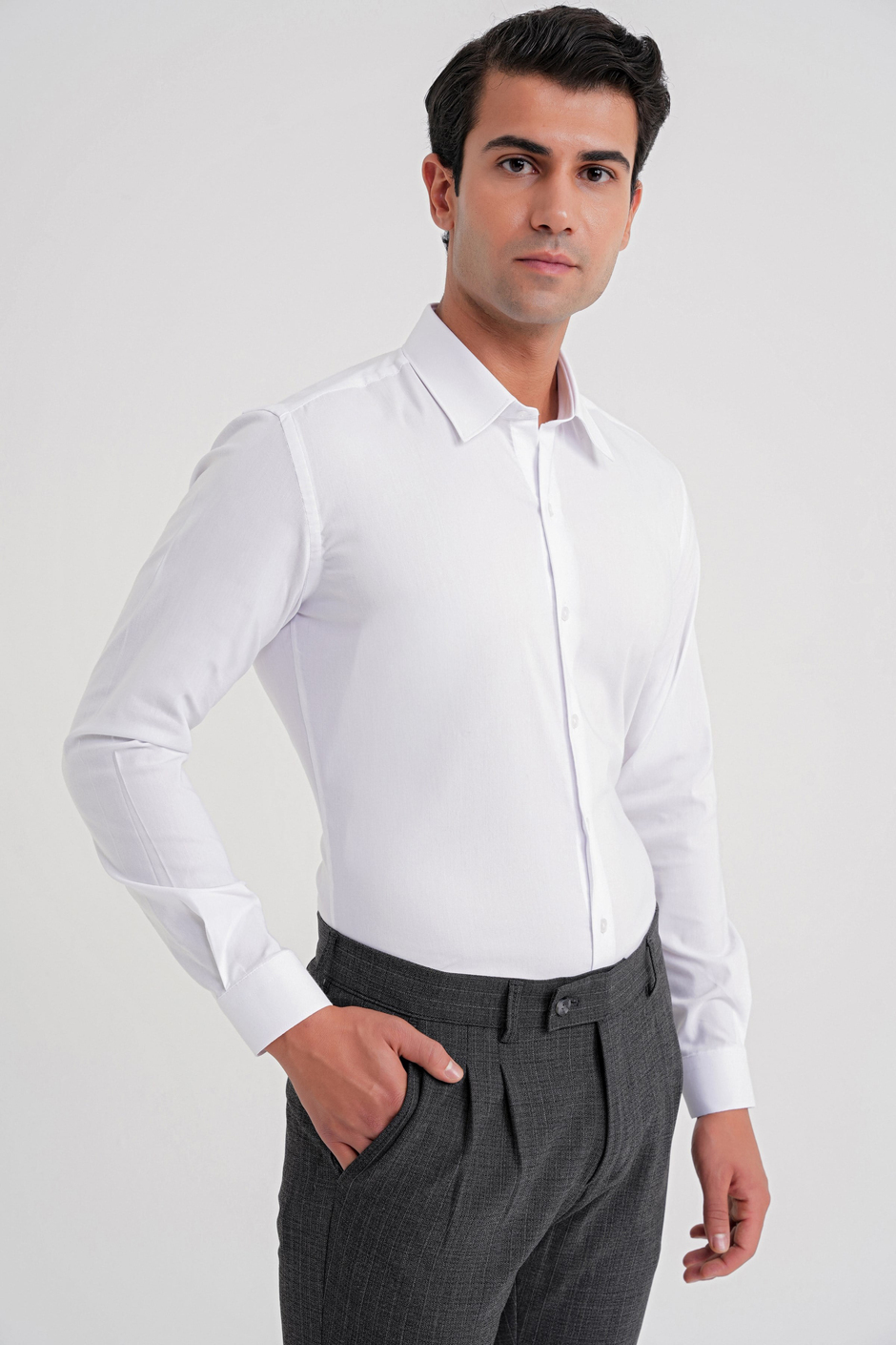 Slim Fit Kravat Yaka Esnek Pamuklu Beyaz Gömlek GK 737