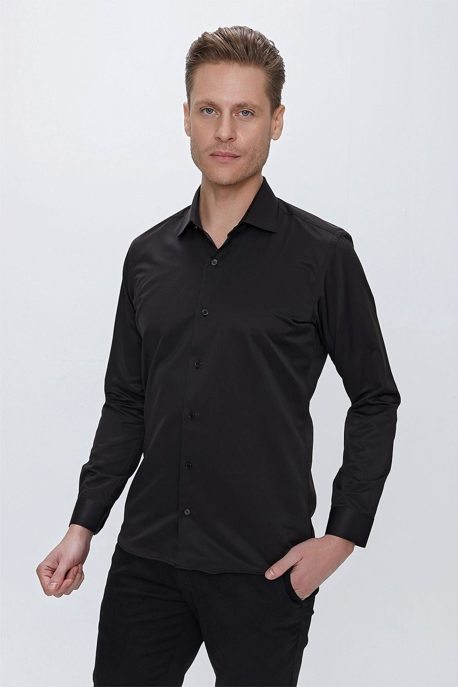 Slim Fit Kravat Yaka Pamuk Saten Uzun Kollu Siyah Gömlek Gk 624