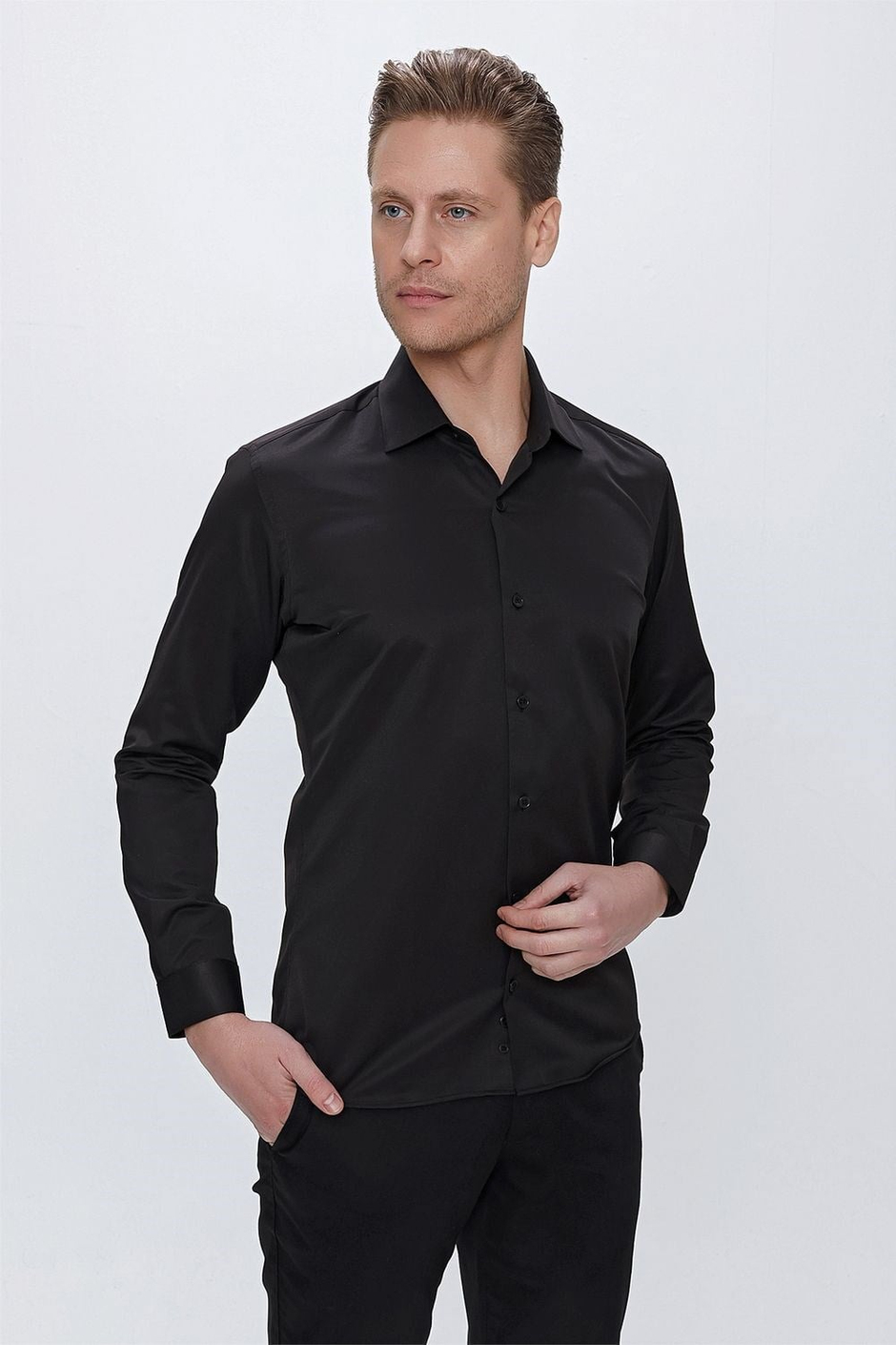 Slim Fit Kravat Yaka Pamuk Saten Uzun Kollu Siyah Gömlek Gk 624