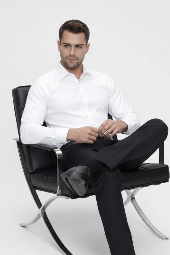 Slim Fit Kravat Yaka Pamuk Saten Uzun Kollu Beyaz Gömlek Gk 624