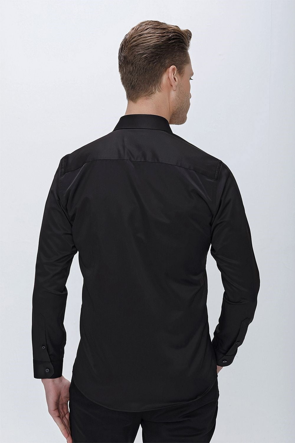 Slim Fit Kravat Yaka Pamuk Saten Uzun Kollu Siyah Gömlek Gk 624