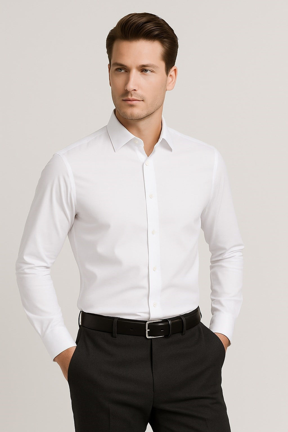 Slim Fit Kravat Yaka Pamuklu Uzun Kollu Beyaz Gömlek GK 649