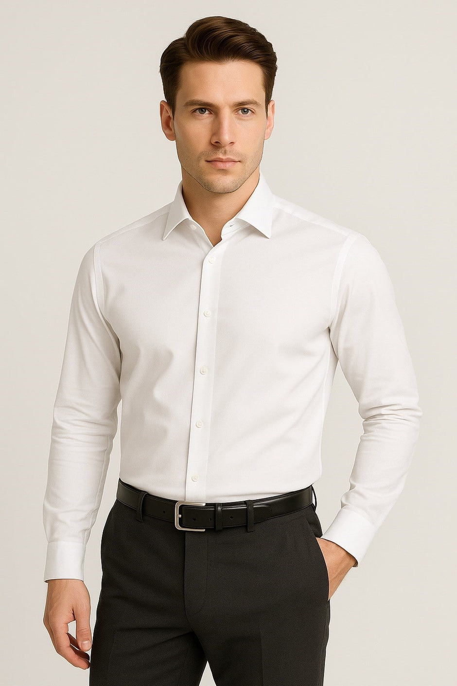 Slim Fit Kravat Yaka Pamuklu Uzun Kollu Beyaz Gömlek GK 649