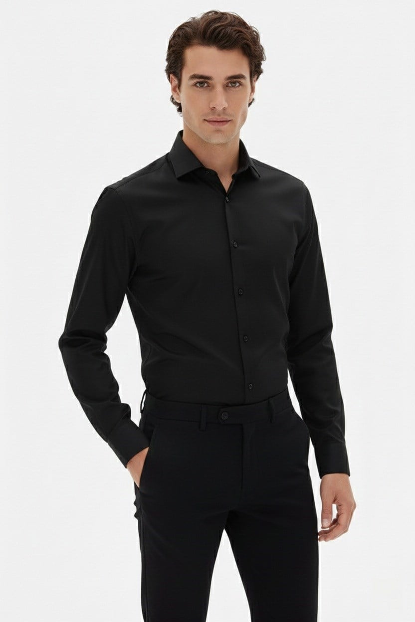 Slim Fit Kravat Yaka Uzun Kol Pamuklu Siyah Gömlek GK 2025