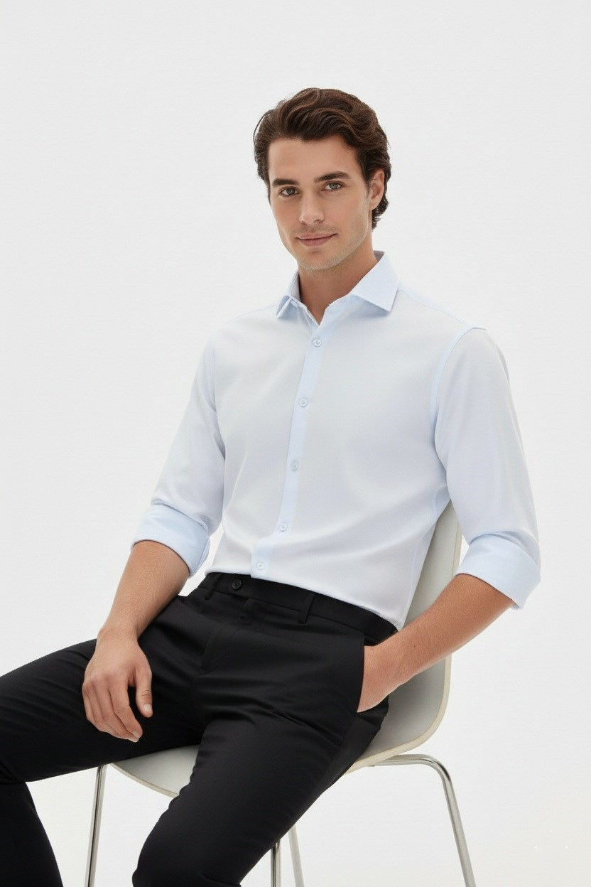 Slim Fit Kravat Yaka Uzun Kol Pamuklu Mavi Gömlek GK 2025