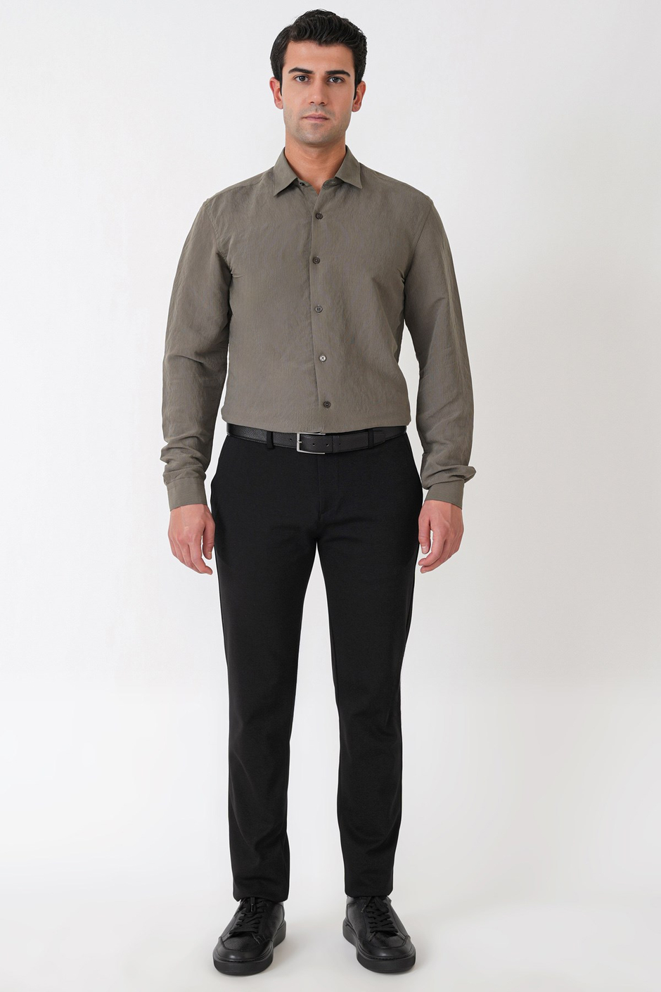 Slim Fit Modal Kumaş Çizgili Dokuma Haki Gömlek G 1609