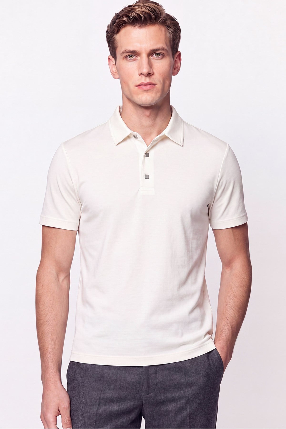 Slim Fit Modal Kumaş Ekru Çıtçıtlı Polo Yaka Tişört Ts 923