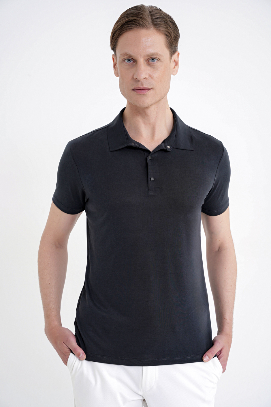 Slim Fit Modal Kumaş Siyah Çıtçıtlı Polo Yaka Tişört TS 923