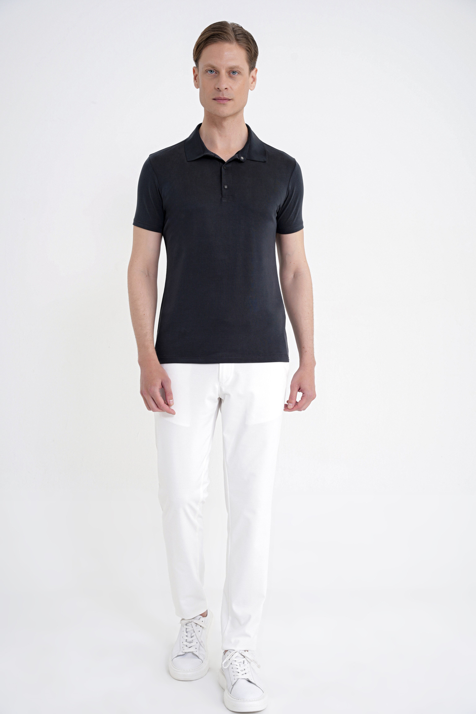 Slim Fit Modal Kumaş Siyah Çıtçıtlı Polo Yaka Tişört TS 923