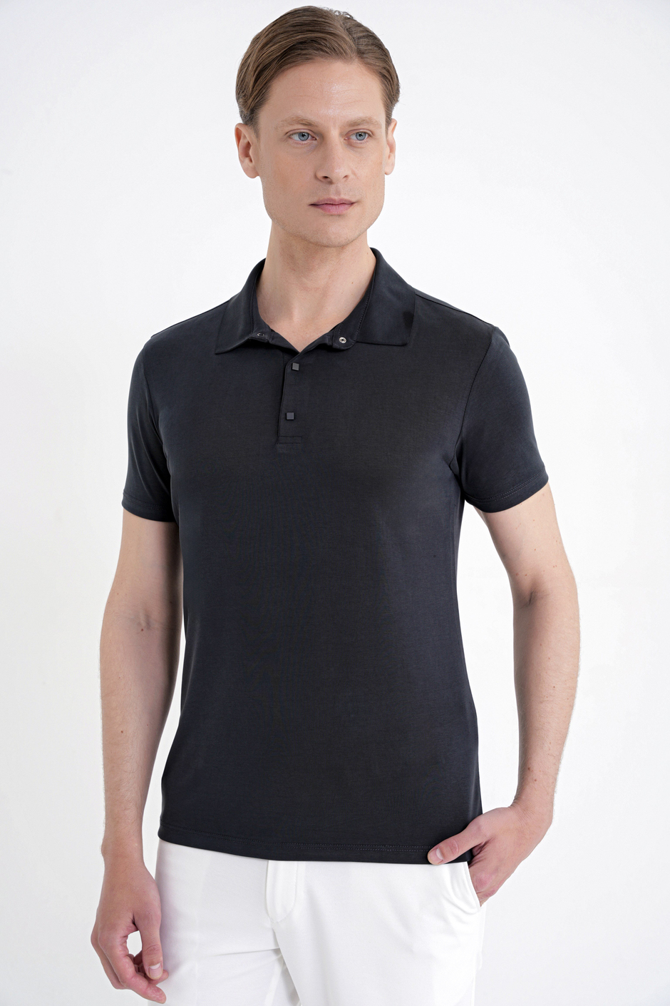 Slim Fit Modal Kumaş Siyah Çıtçıtlı Polo Yaka Tişört TS 923