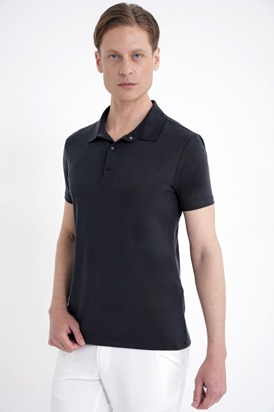 Slim Fit Modal Kumaş Siyah Çıtçıtlı Polo Yaka Tişört TS 923