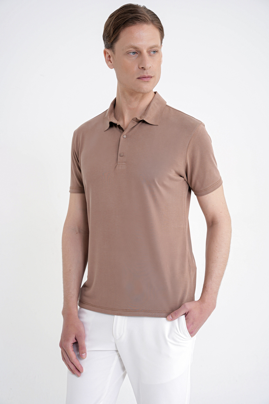 Slim Fit Modal Kumaş Vizon Çıtçıtlı Polo Yaka Tişört TS 923
