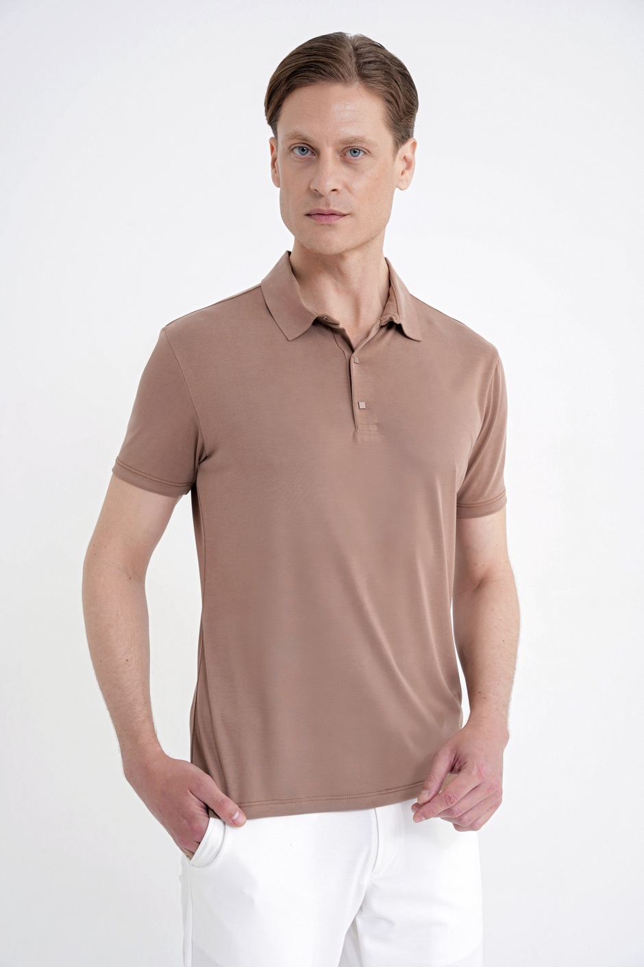 Slim Fit Modal Kumaş Vizon Çıtçıtlı Polo Yaka Tişört TS 923