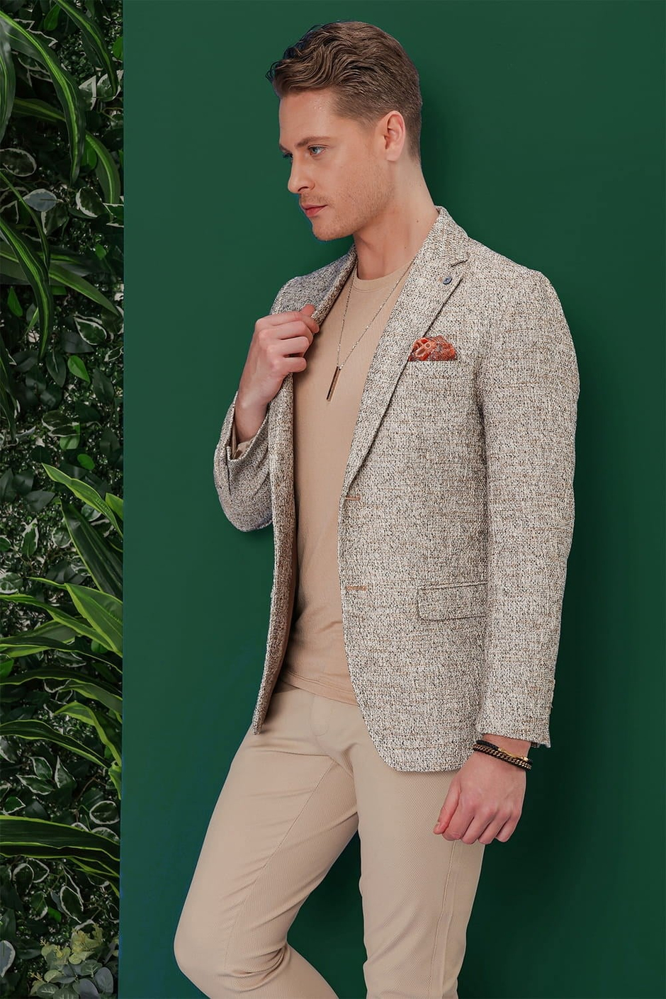 Slim Fit Mono Yaka Buklet Dokuma %100 Pamuk Bej Ceket C 637