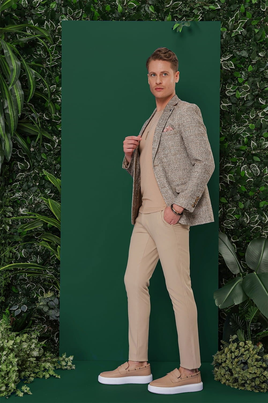 Slim Fit Mono Yaka Buklet Dokuma %100 Pamuk Kahverengi Ceket C 637