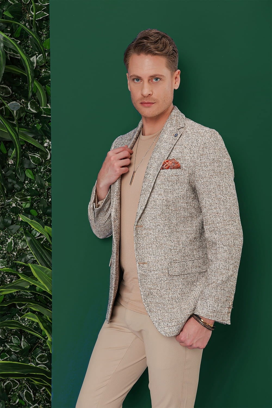 Slim Fit Mono Yaka Buklet Dokuma %100 Pamuk Bej Ceket C 637