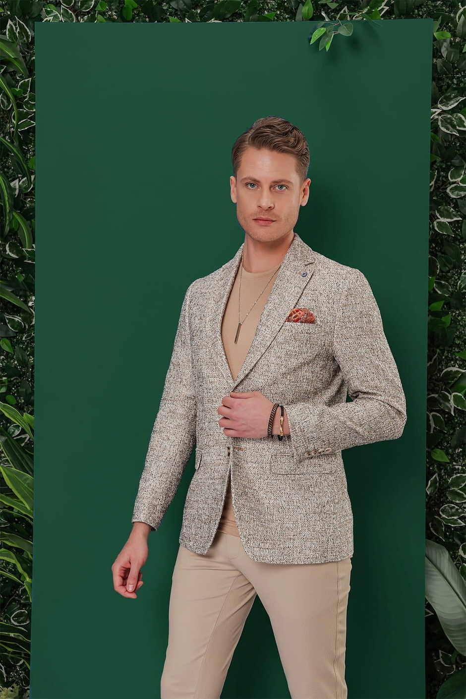 Slim Fit Mono Yaka Buklet Dokuma %100 Pamuk Bej Ceket C 637