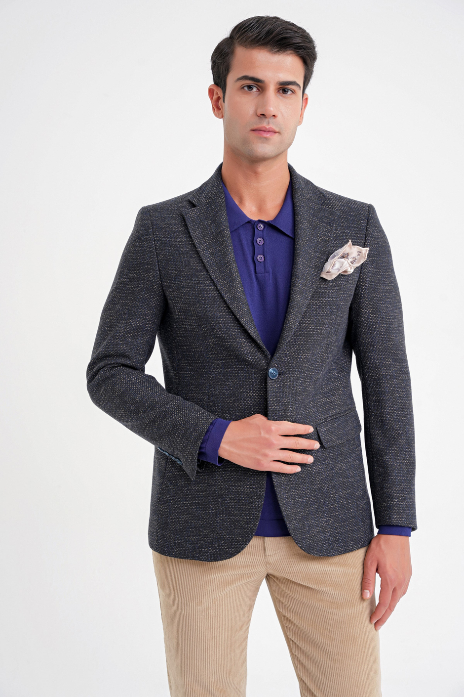 Slim Fit Mono Yaka Buklet Dokuma Pamuklu Lacivert Blazer Ceket C 718