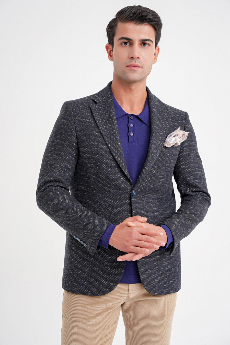 Slim Fit Mono Yaka Buklet Dokuma Pamuklu Lacivert Blazer Ceket C 718