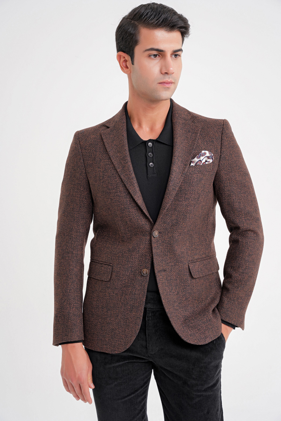 Slim Fit Mono Yaka Buklet Dokuma Pamuklu Kahverengi Blazer Ceket C 718