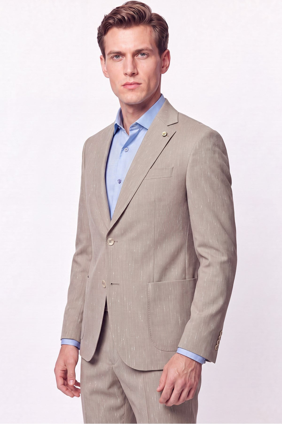 Slim Fit Mono Yaka Çift Yırtmaç Koyu Bej Keten Takım Elbise TK 952