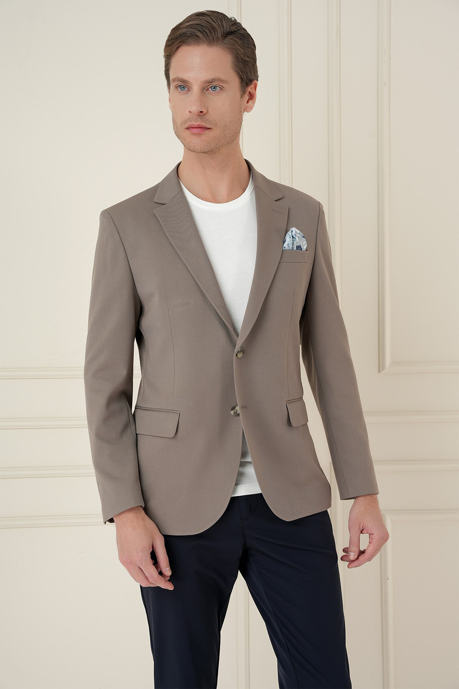 Slim Fit Mono Yaka Çift Yırtmaç Pamuklu Bej Blazer Ceket C 691