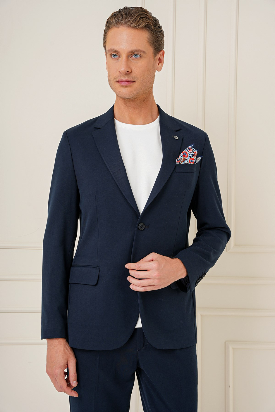 Slim Fit Mono Yaka Çift Yırtmaç Pamuklu Lacivert Blazer Ceket C 691