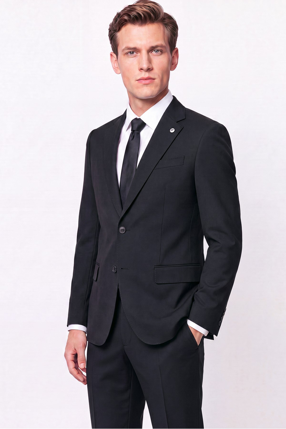 Slim Fit Mono Yaka Çift Yırtmaç Yünlü Siyah Takım Elbise TK 949