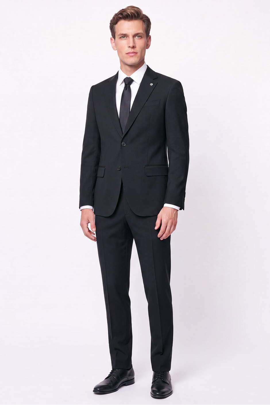 Slim Fit Mono Yaka Çift Yırtmaç Yünlü Siyah Takım Elbise TK 949
