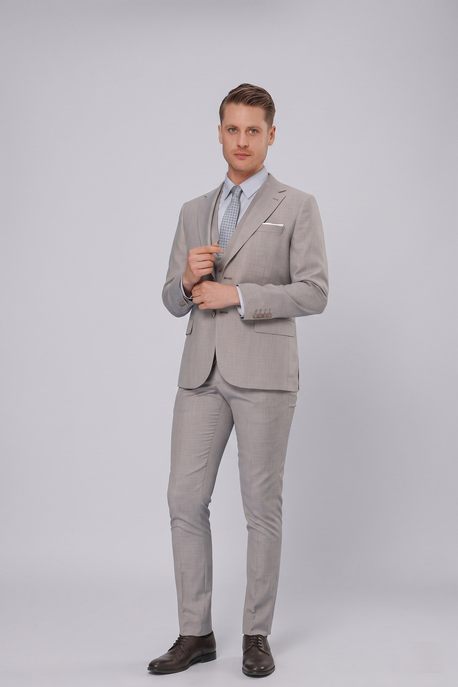 Slim Fit Mono Yaka Düz Gri Yelekli Takım Elbise TK 871