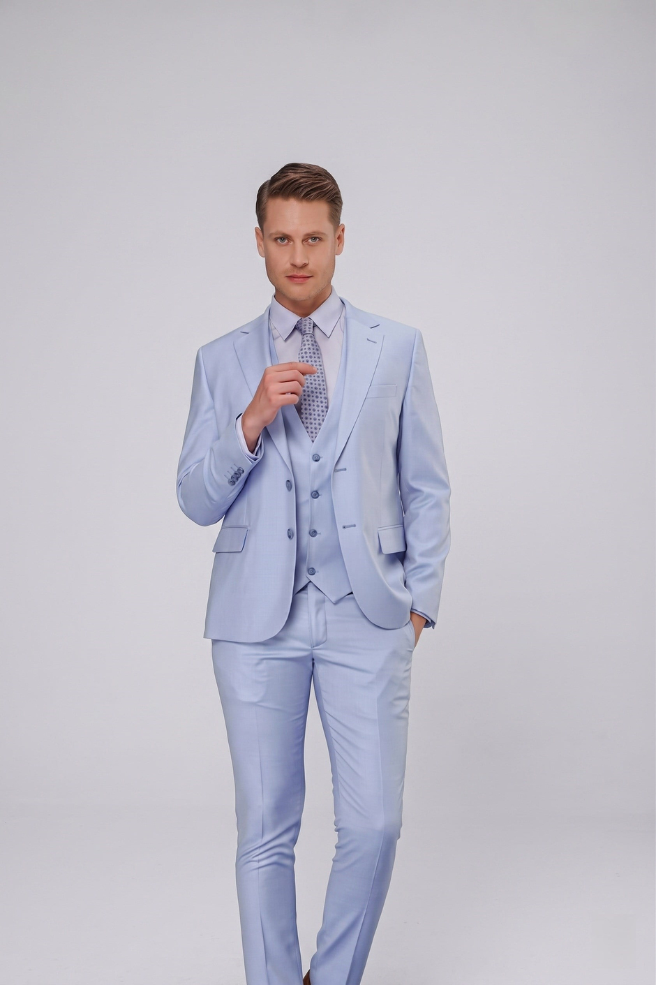Slim Fit Mono Yaka Düz Mavi Yelekli Takım Elbise TK 871