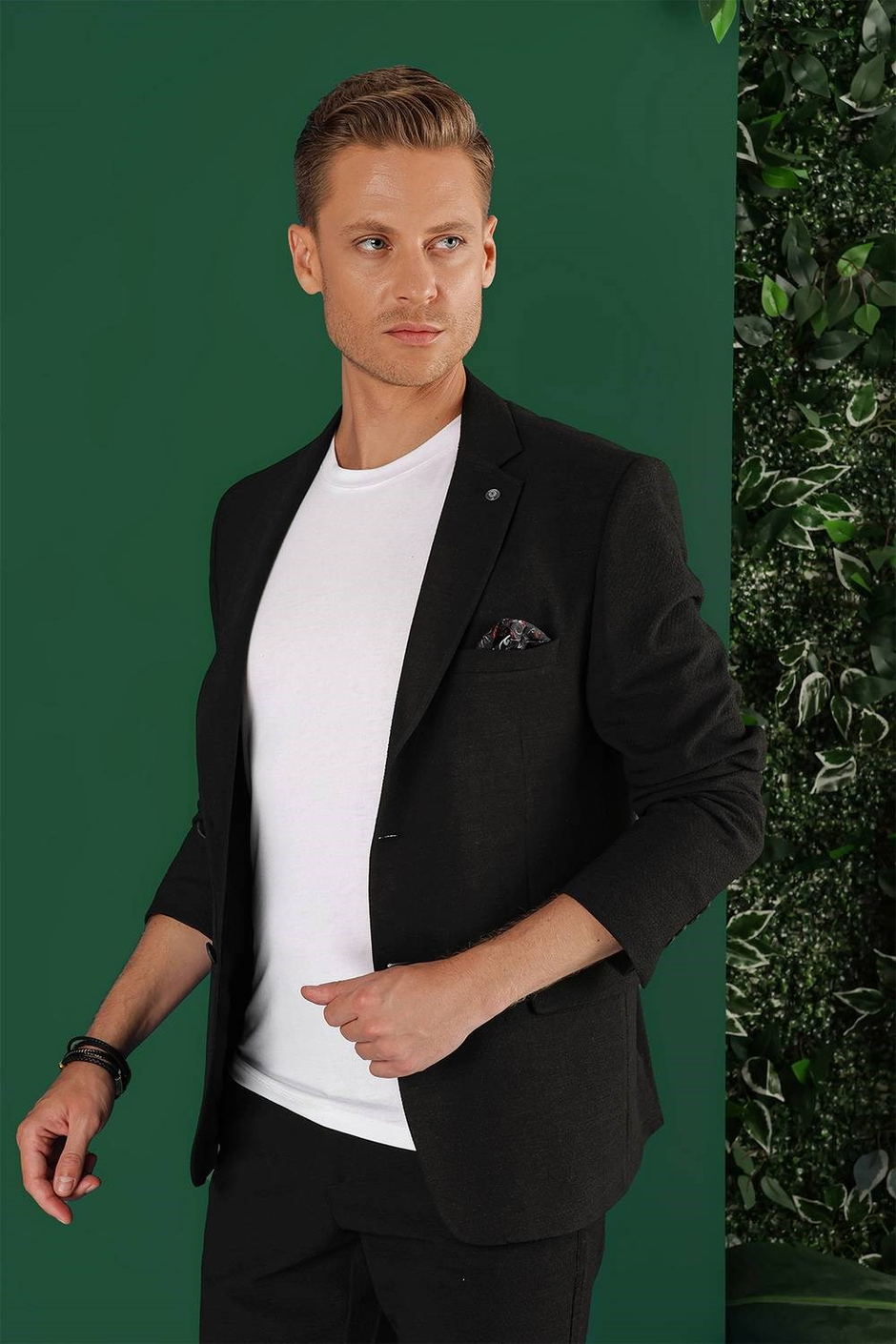 Slim Fit Mono Yaka Esnek Pamuklu Gofre Kumaş Siyah Blazer Ceket C 640
