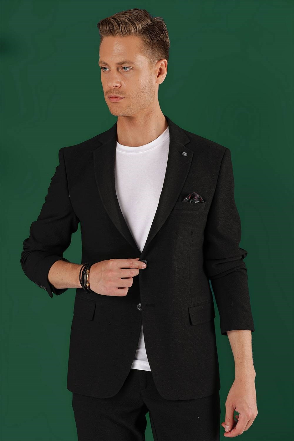 Slim Fit Mono Yaka Esnek Pamuklu Gofre Kumaş Siyah Blazer Ceket C 640