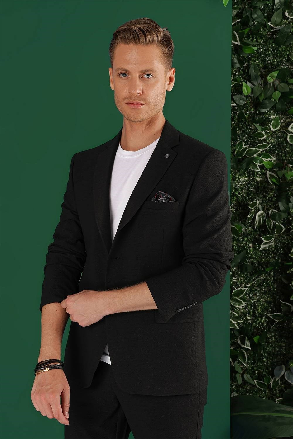 Slim Fit Mono Yaka Esnek Pamuklu Gofre Kumaş Siyah Blazer Ceket C 640