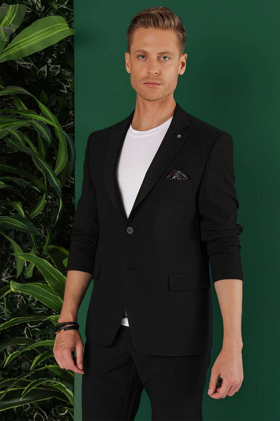 Slim Fit Mono Yaka Esnek Pamuklu Gofre Kumaş Siyah Blazer Ceket C 640