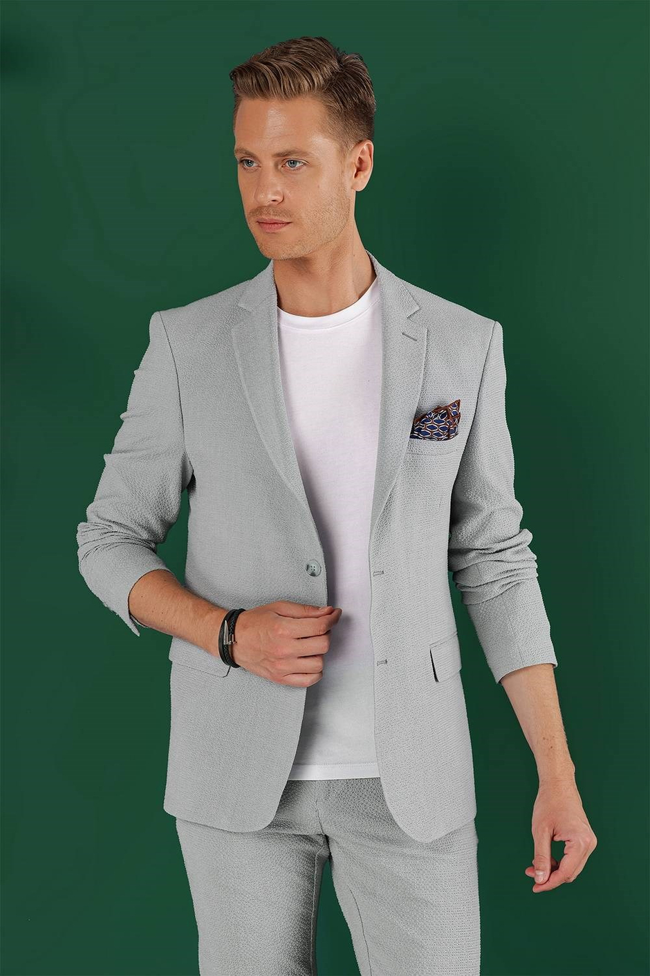 Slim Fit Mono Yaka Esnek Pamuklu Gofre Kumaş Gri Blazer Ceket C 640