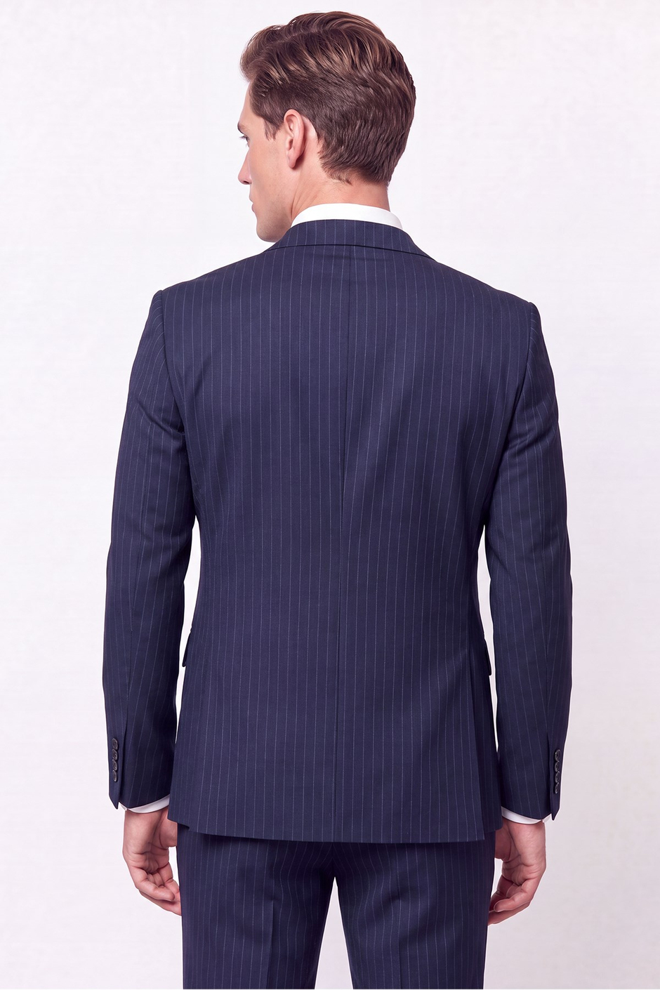 Slim Fit Mono Yaka Esnek Yünlü Lacivert Çizgili Takım Elbise Tk 942