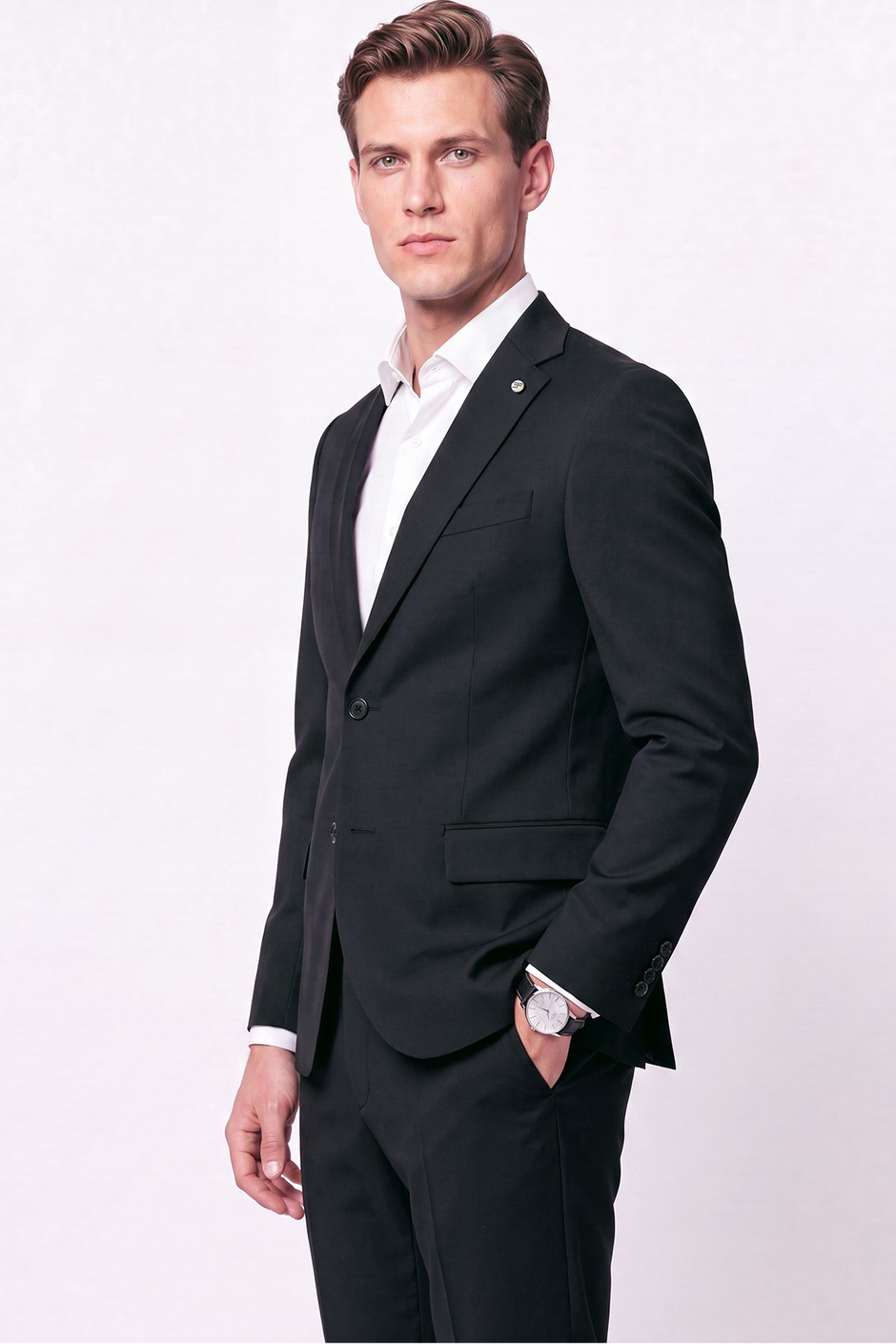 Slim Fit Mono Yaka Esnek Yünlü Siyah Takım Elbise TK 2026