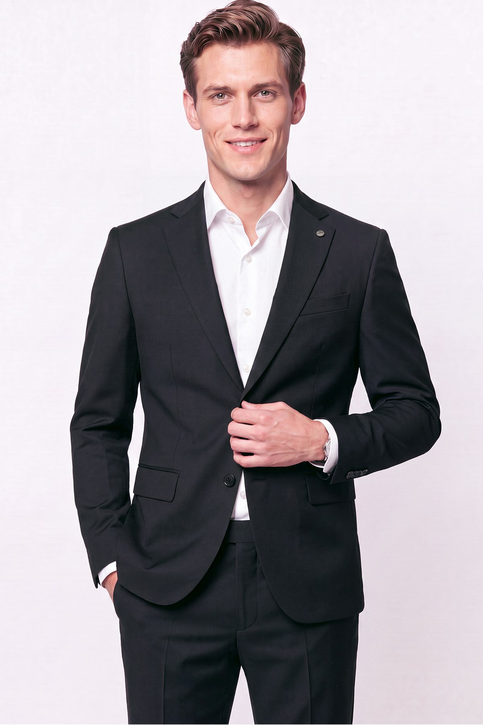Slim Fit Mono Yaka Esnek Yünlü Siyah Takım Elbise TK 2026