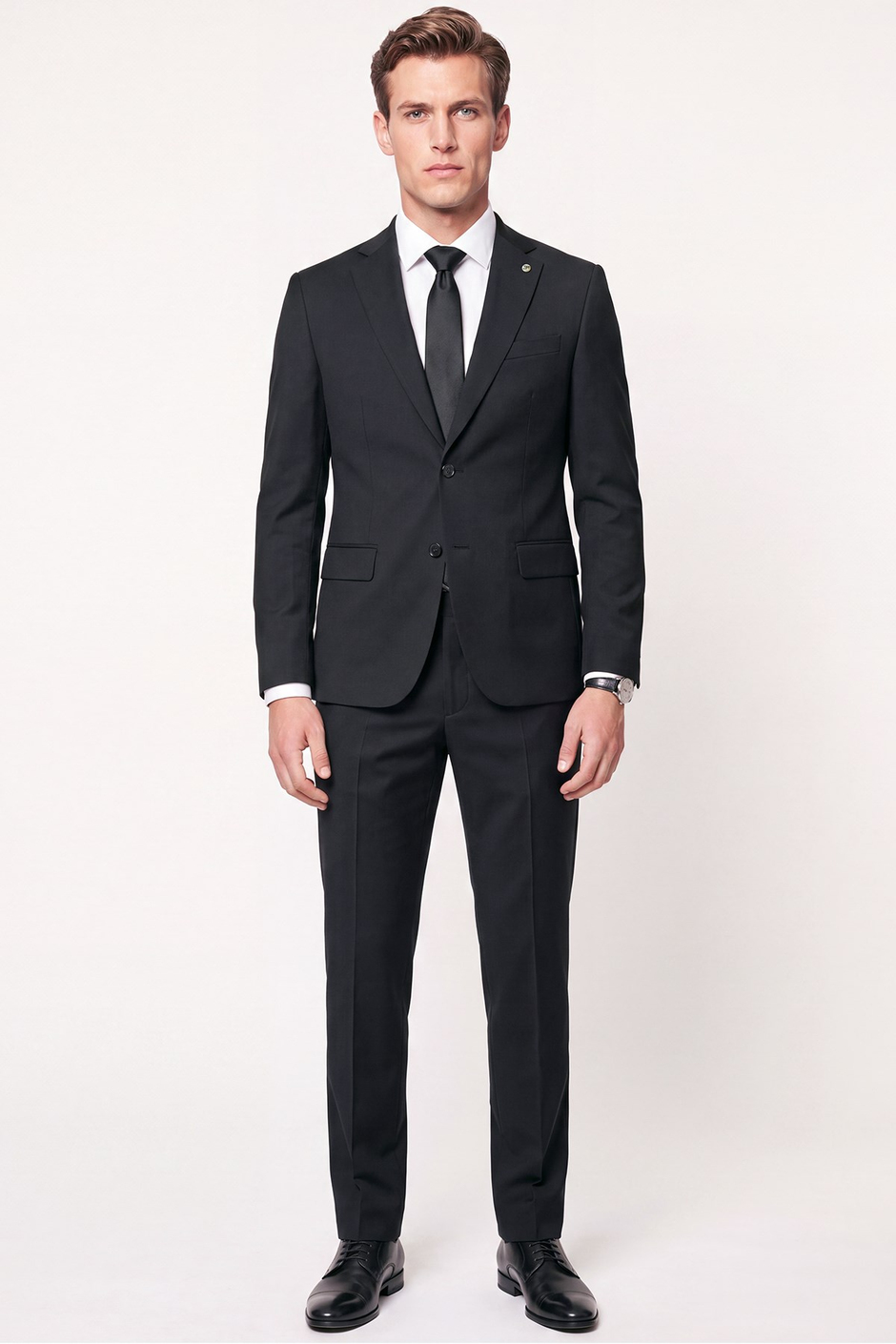 Slim Fit Mono Yaka Esnek Yünlü Siyah Takım Elbise TK 2026