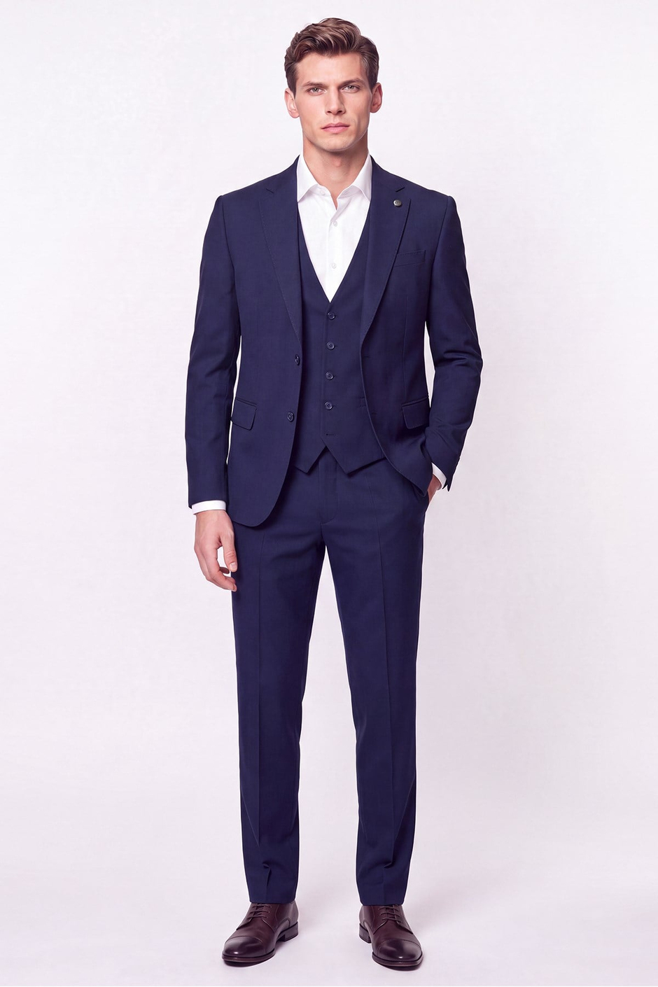 Slim Fit Mono Yaka  Esnek Yünlü Yelekli Lacivert Takım Elbise TK 950