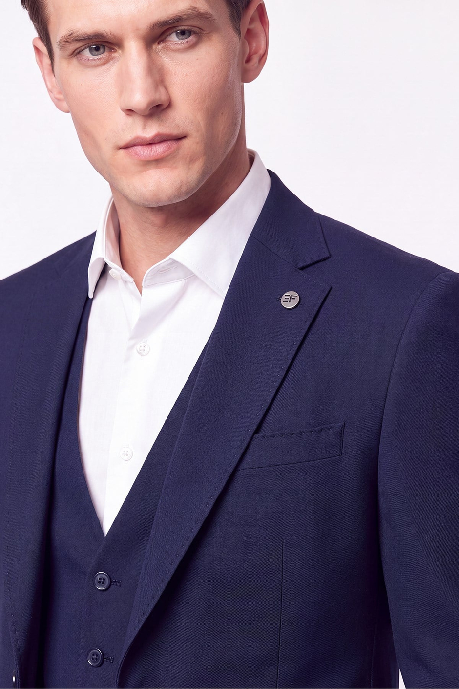Slim Fit Mono Yaka  Esnek Yünlü Yelekli Lacivert Takım Elbise TK 950