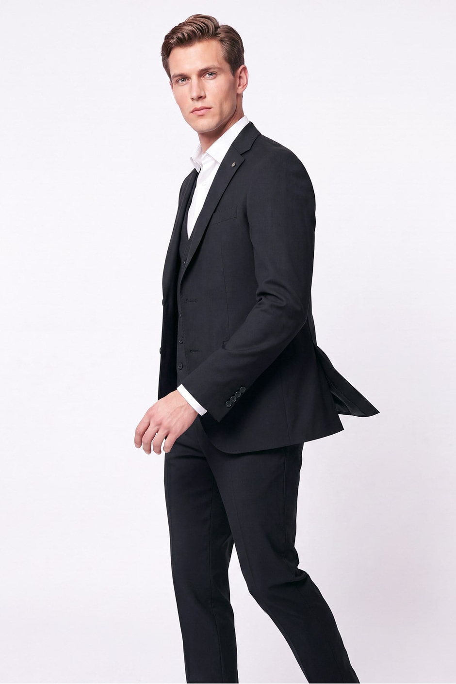 Slim Fit Mono Yaka  Esnek Yünlü Yelekli Siyah Takım Elbise TK 950