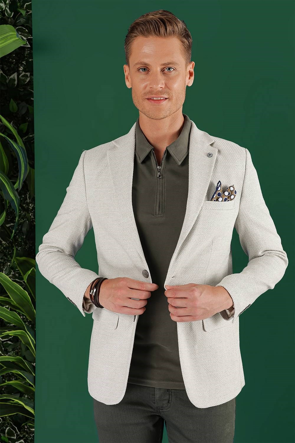 Slim Fit Mono Yaka Keten Pamuk Karışımlı Mavi Ceket C 636