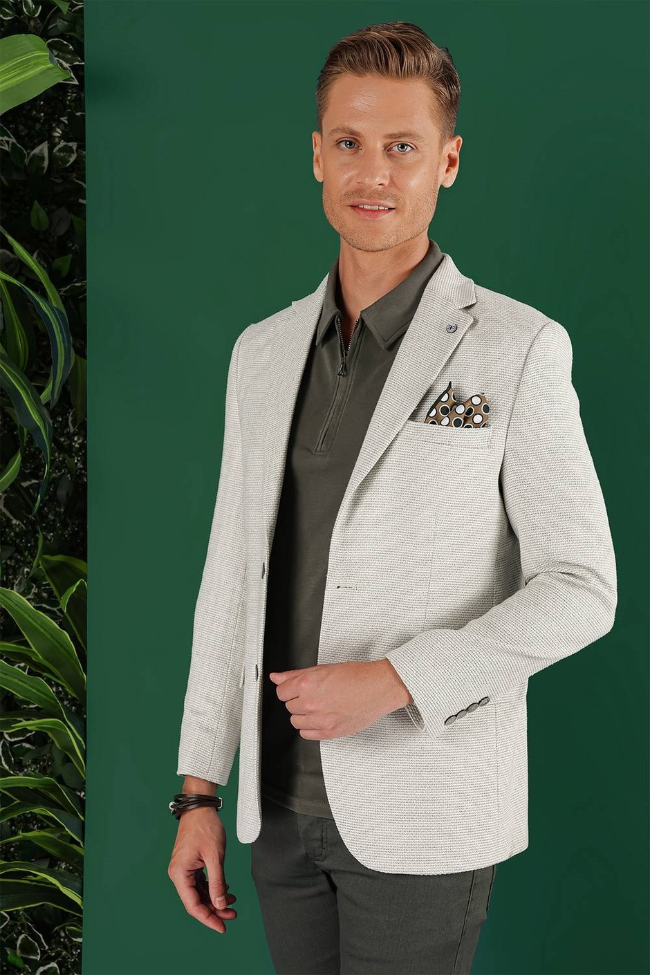 Slim Fit Mono Yaka Keten Pamuk Karışımlı Mavi Ceket C 636