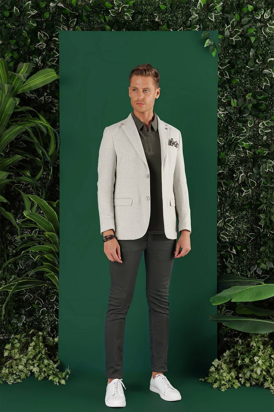 Slim Fit Mono Yaka Keten Pamuk Karışımlı Mavi Ceket C 636